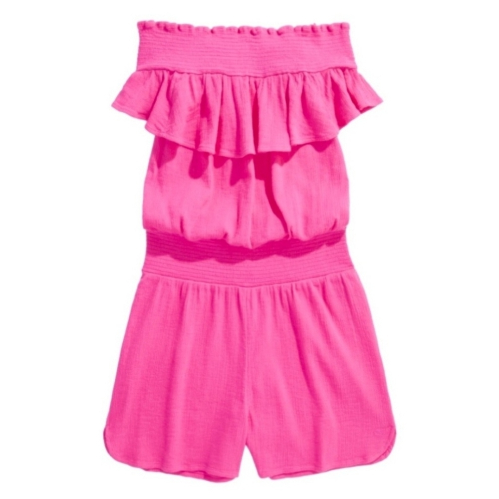 Vineyard Vines Gauze Smocked Romper w Exposed Shoulder & Ruffle Overlay